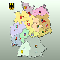 Deutschlandkarte mit Bundesländern, Landeshauptstadt und Wappen